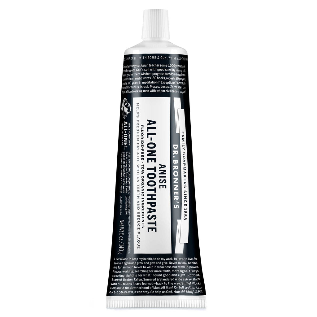A black and white tube labeled All One Toothpaste stands upright against a white background. The label highlights its natural, fluoride free formula, indicating eco friendly, vegan, and organic qualities [5 oz]