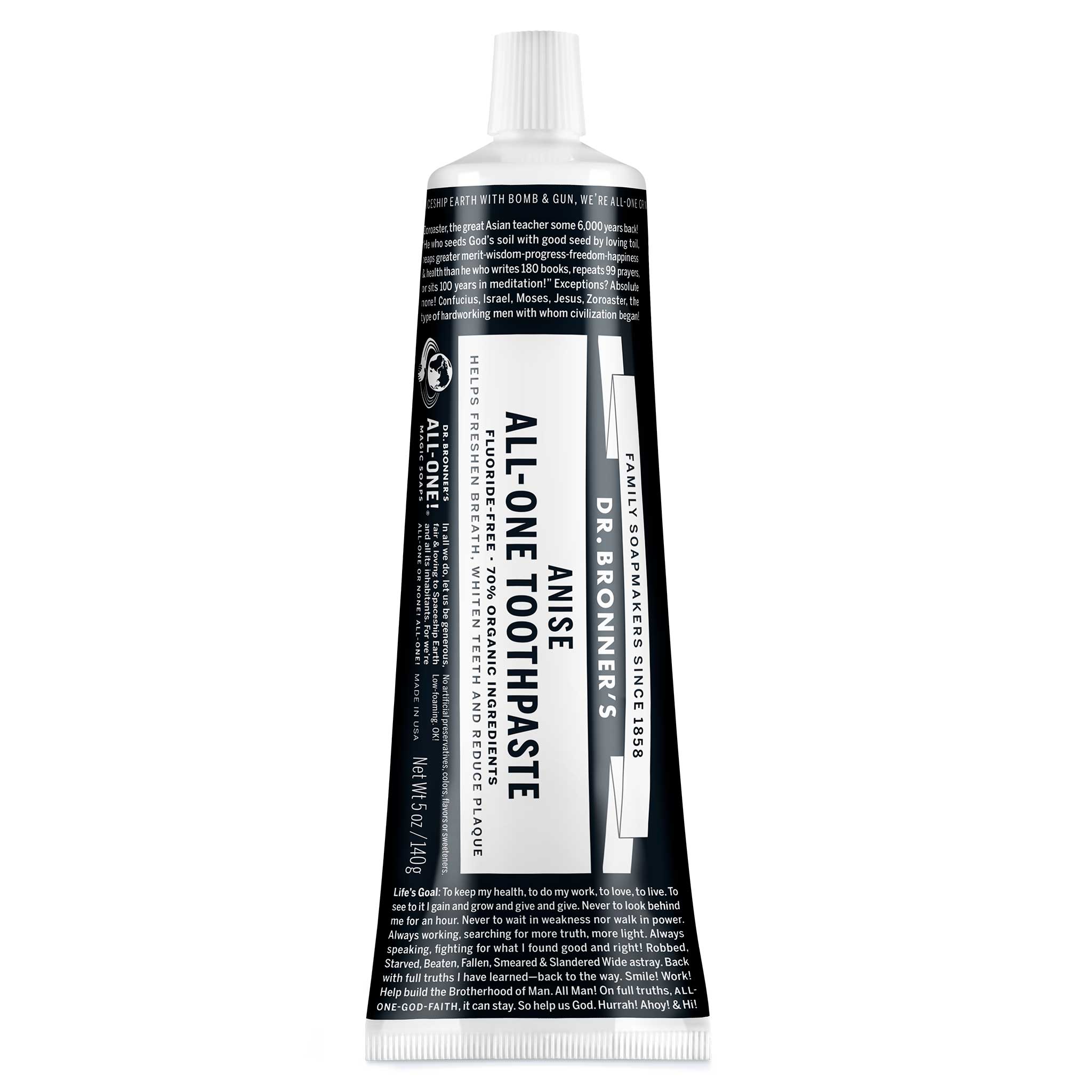 A black and white tube labeled All One Toothpaste stands upright against a white background. The label highlights its natural, fluoride free formula, indicating eco friendly, vegan, and organic qualities [5 oz]