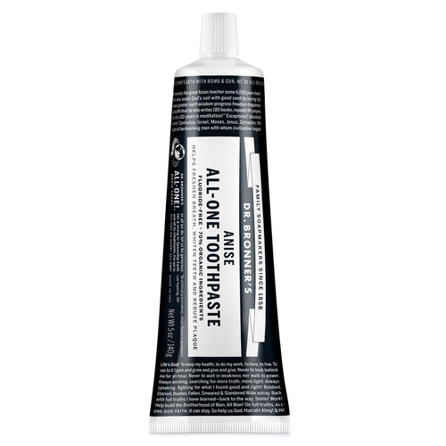 A black and white tube labeled All One Toothpaste stands upright against a white background. The label highlights its natural, fluoride free formula, indicating eco friendly, vegan, and organic qualities [5 oz]