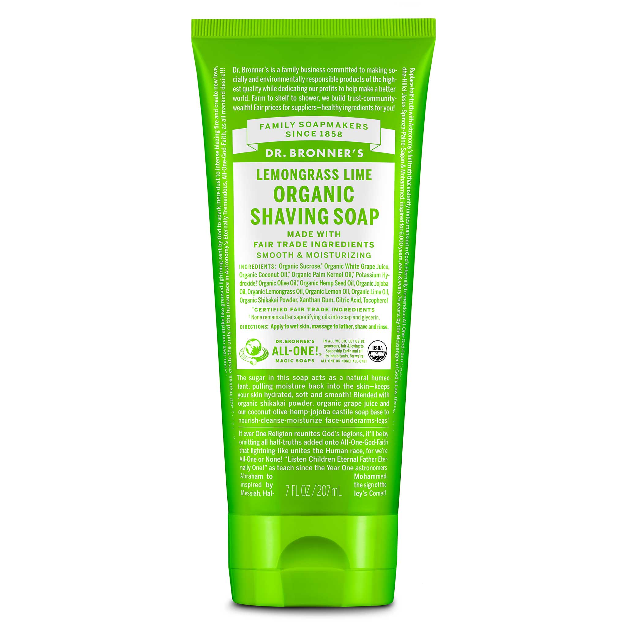 A green tube labeled Dr. Bronners Lemongrass Lime Organic Shaving Soap features bold text on smooth, moisturizing fair trade ingredients. It includes instructions for application, detailed organic ingredients, and the companys ethical mission statement [7 oz]