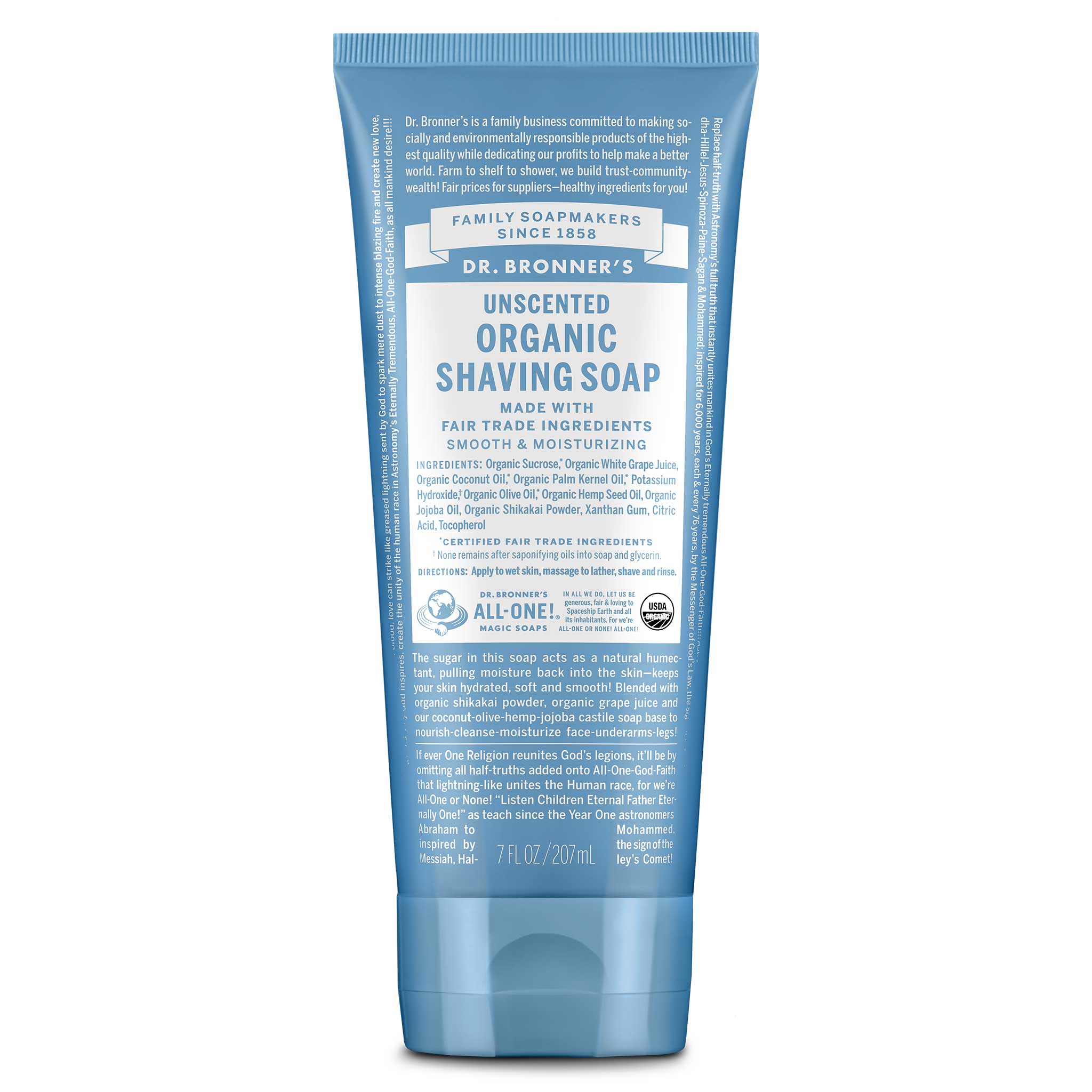 Dr. Bronner’s Unscented Organic Shaving Soap tube in blue and white, featuring organic and fair trade ingredients for a smooth, moisturizing, eco-friendly shave.
