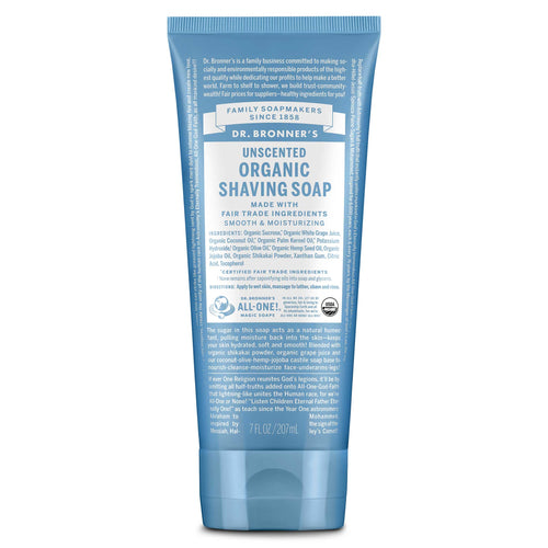 Dr. Bronner’s Unscented Organic Shaving Soap tube in blue and white, featuring organic and fair trade ingredients for a smooth, moisturizing, eco-friendly shave.