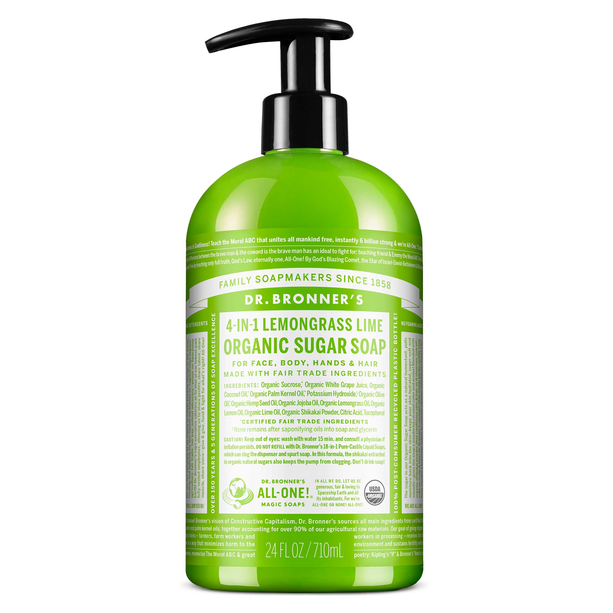 A green bottle with a black pump dispenser contains Dr. Bronners all in one hemp tea tree pure liquid castile soap. The label displays extensive text detailing usage instructions and product information [24 oz]