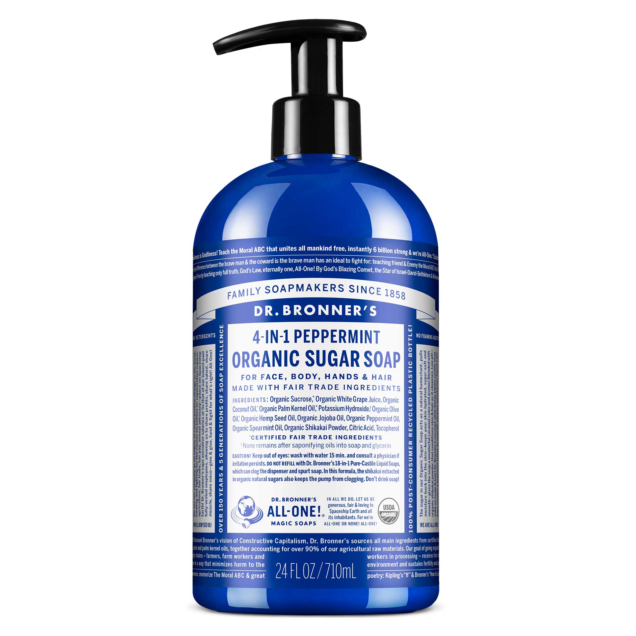 A blue bottle of Dr. Bronners Organic Sugar Soap with pump dispenser displayed on a white background. The label features small, detailed text about ingredients and product details, highlighting eco friendly and fair trade certifications [24 oz]
