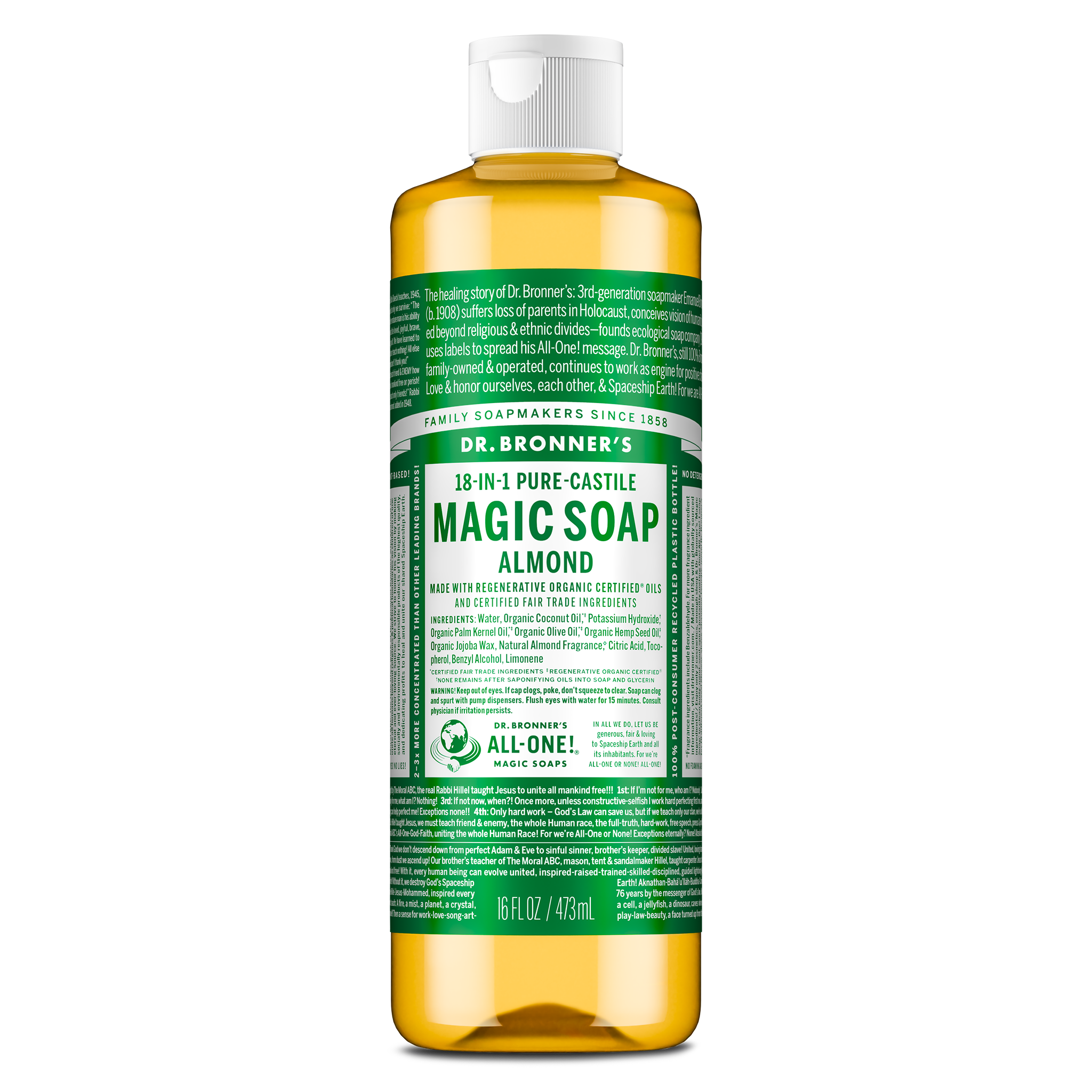 A bottle of Dr. Bronners 18 in 1 Hemp Eucalyptus Pure Castile Soap sits upright. The label details its organic and fair trade certifications, emphasizing its multipurpose, eco friendly use in personal care and cleaning [16 oz]