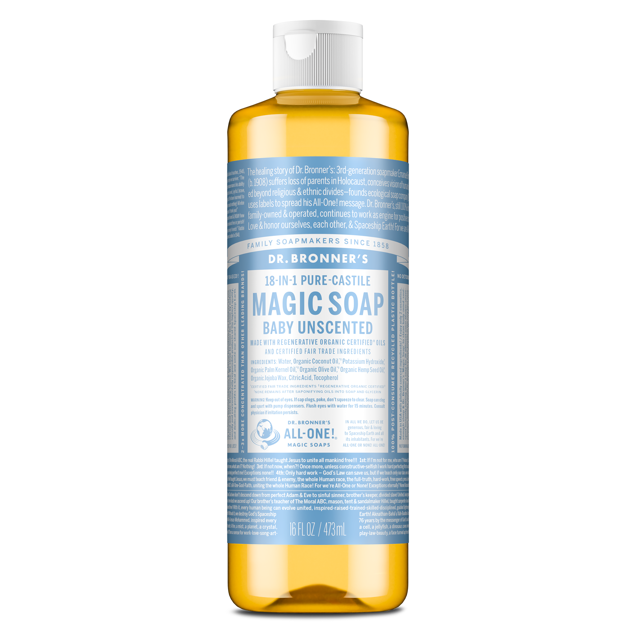 A bottle of Dr. Bronners Baby Unscented Pure Castile Soap features a blue label with extensive text detailing its natural, organic ingredients, and various sustainable uses. The cap is white [16 oz]