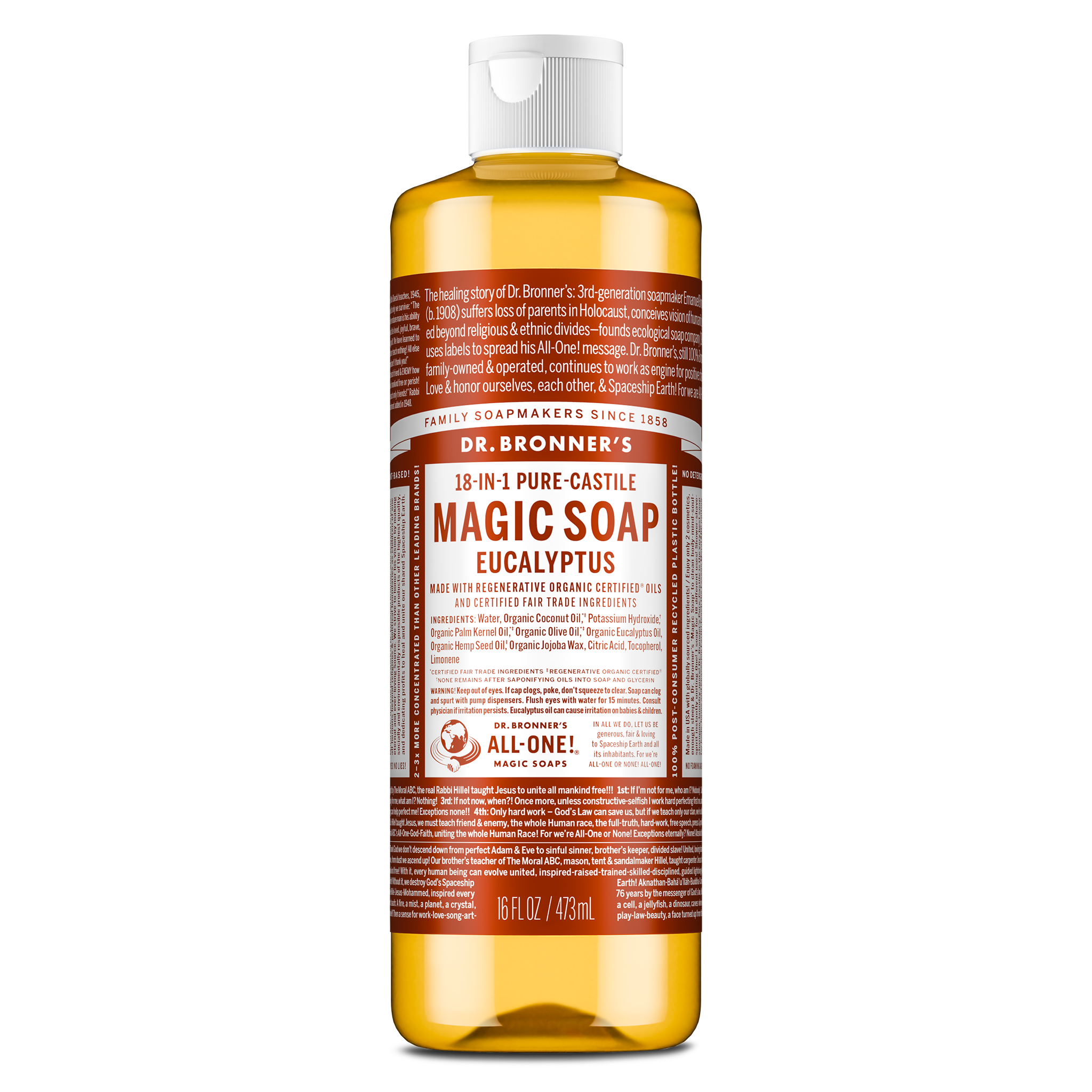 A bottle of Dr. Bronners almond castile soap stands upright with a white cap. The label includes Dr. Bronners 18 in 1 Hemp Almond Pure Castile Soap text. The background is plain white [16 oz]
