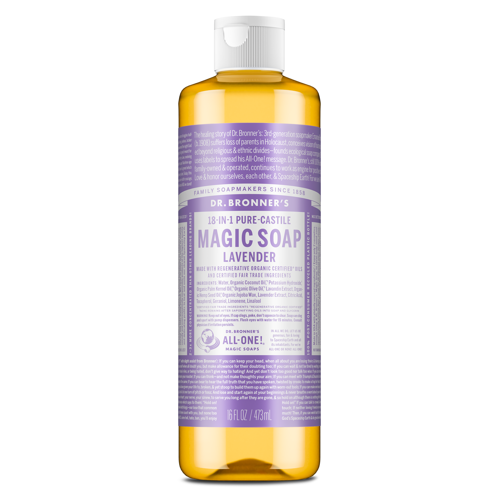 A bottle of Dr. Bronners Lavender Pure Castile Liquid Soap stands upright, featuring a purple label with extensive white text detailing its eco friendly, vegan, and organic attributes, surrounded by a white cap [16 oz]