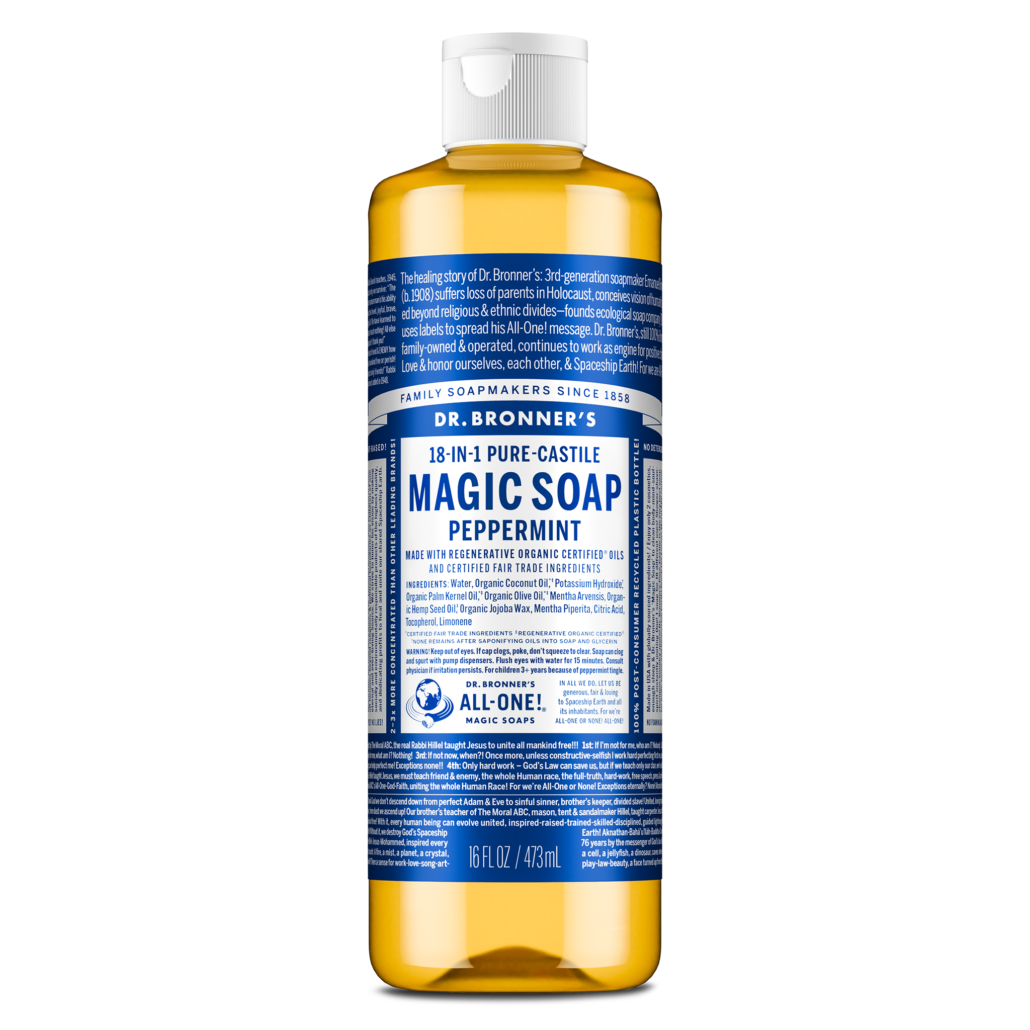 Bottle of Dr. Bronners 18 in 1 Pure Castile Magic Soap in peppermint. Bottle features detailed text highlighting organic, fair trade ingredients and sustainability. Size 16 fl oz [16 oz]