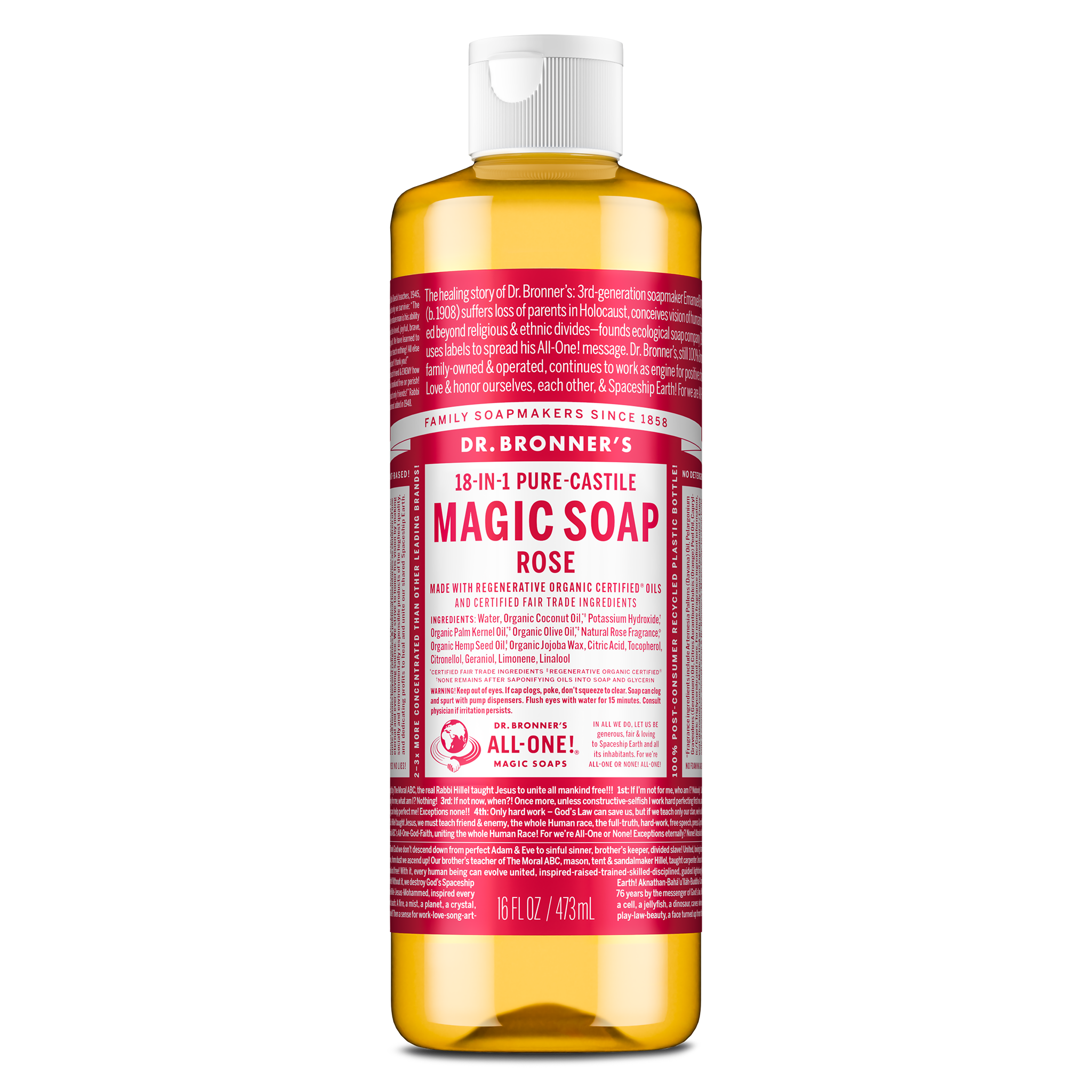 Dr. Bronners 18 in 1 Pure Castile Magic Soap Rose bottle features a red label with white text. It includes organic ingredients like coconut and olive oils, emphasizing its eco friendly and versatile uses. 473ml [16 oz]