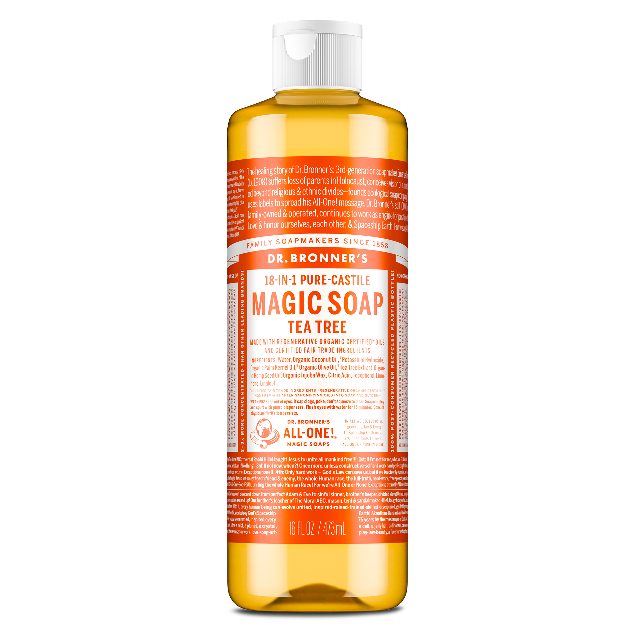 A bottle of Dr. Bronners 18 in 1 Pure Castile Magic Soap, Tea Tree variant, filled with amber liquid sits upright. The label emphasizes its organic certification and multi purpose use in personal care and cleaning [16 oz]
