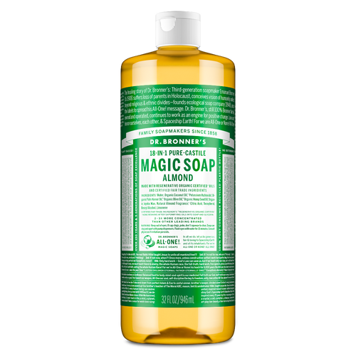 Dr. Bronner’s Almond 18-in-1 Pure Castile Magic Soap bottle featuring organic and fair trade ingredients in a biodegradable, recycled plastic container.[32 oz]