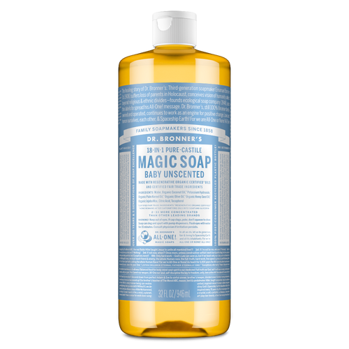 A bottle of Dr. Bronners 18 in 1 Pure Castile Magic Soap, Baby Unscented, containing 32 fl oz , stands upright against a white background, featuring cascading text and detailed product information [32 oz]
