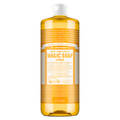 A large bottle of Dr. Bronners 18 in 1 Pure Castile Magic Soap, Citrus variant, stands upright. The label highlights family soapmakers, organic certification, and versatility for multiple cleaning uses. Capacity is 32 fl oz [32 oz]