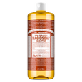 Dr. Bronners 18 in 1 Pure Castile Magic Soap in a 32 fl oz bottle features eucalyptus, offering versatile cleaning and refreshing scents. Text highlights its organic certification, eco friendliness, and multi purpose use [32 oz]
