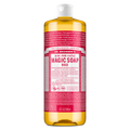 A bottle of Dr. Bronners Rose Pure Castile Liquid Soap features a red label with text detailing the 18 in 1 uses, organic ingredients, and benefits of eco friendly, biodegradable cleaning [32 oz]