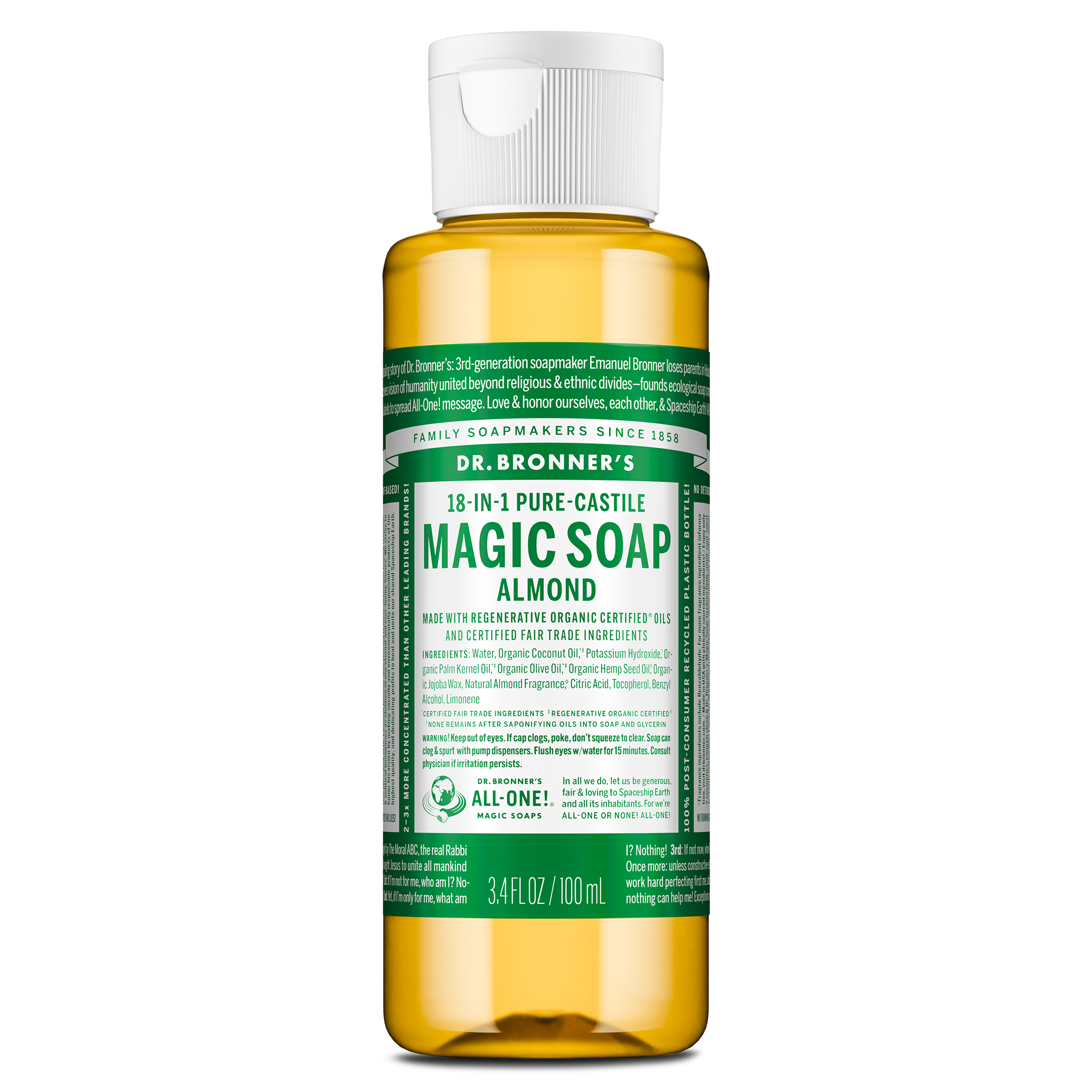 A small bottle labeled Dr. Bronners 18 in 1 Pure Castile Magic Soap Almond contains liquid castile soap in a clear container with a white flip top cap, featuring green, detailed text [3.4 oz]