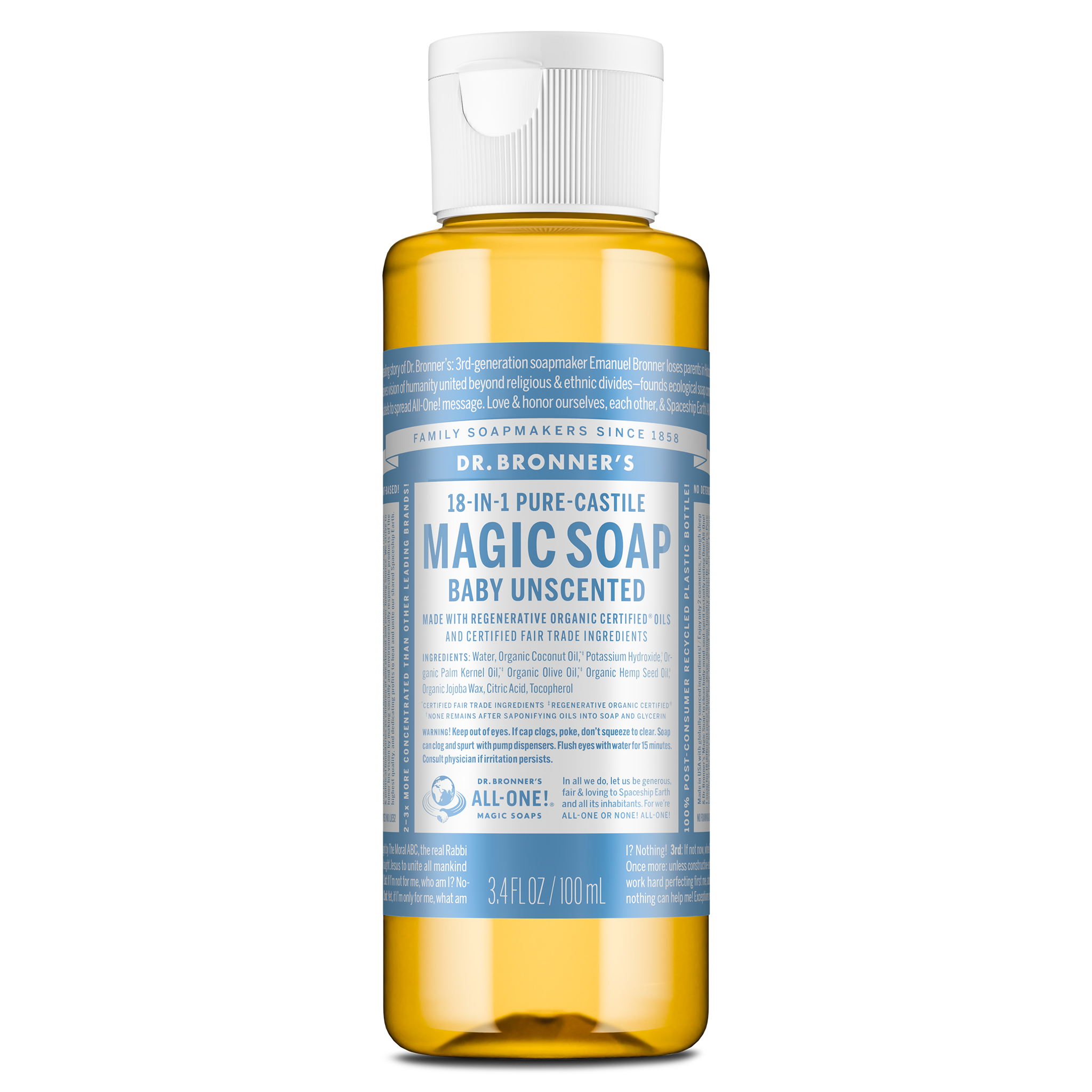 A bottle of Dr. Bronners 18 in 1 Pure Castile Magic Soap, Baby Unscented, with regenerative organic certification. Text includes usage instructions and a 3.4 fl. oz. capacity indication [3.4 oz]