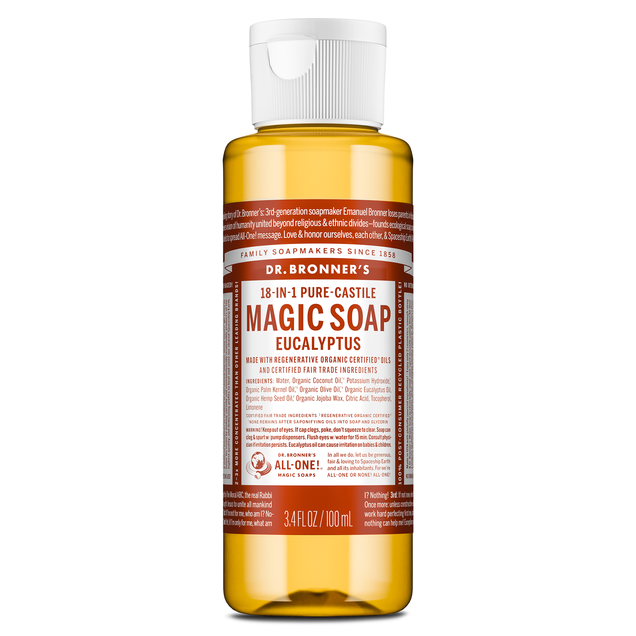 Dr. Bronners eucalyptus 18 in 1 pure castile soap in a 3.4 fl oz bottle features a white cap and a text filled brown label detailing its organic certification and multi use capabilities [3.4 oz]