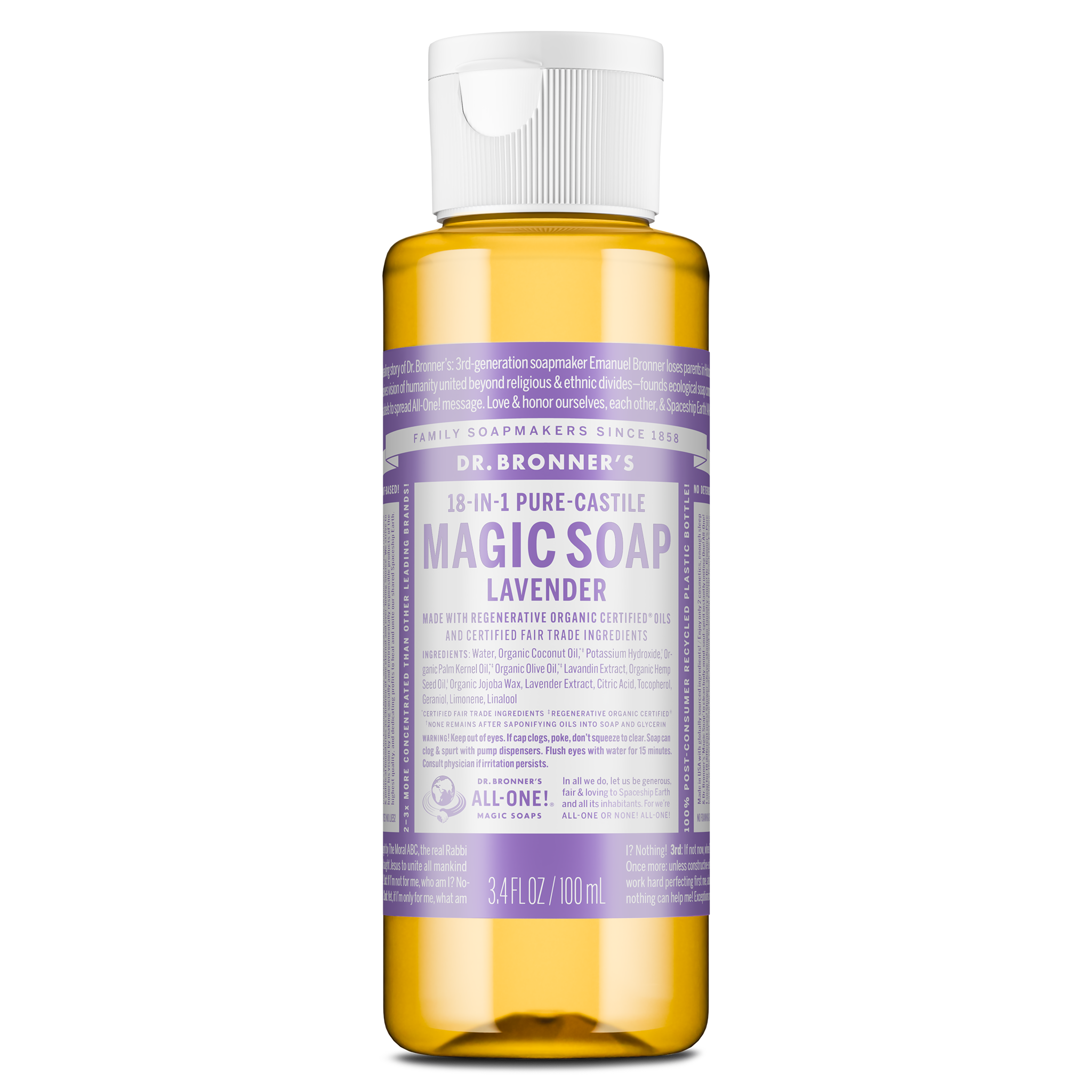 A bottle of Dr. Bronners Lavender Pure Castile Liquid Soap stands upright, featuring a lavender label with white text detailing ingredients and usage. Suitable for eco friendly, multi purpose cleaning needs [3.4 oz]