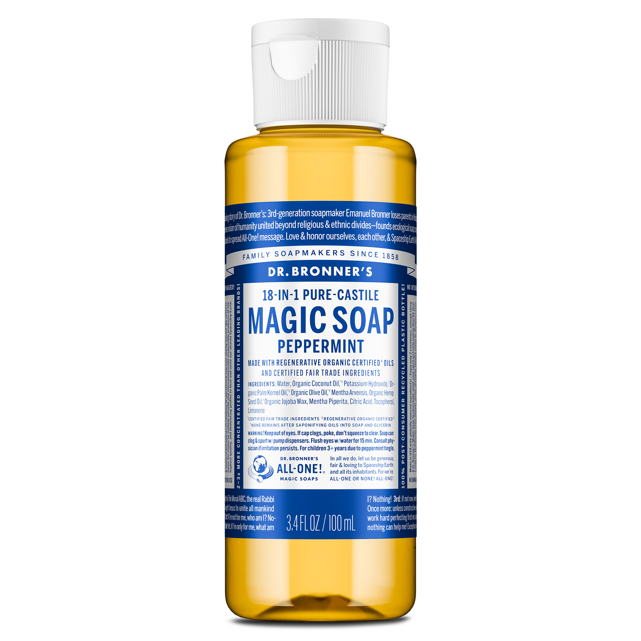A 3.4 fl oz bottle of Dr. Bronners 18 in 1 Pure Castile Magic Soap Peppermint features a blue label with white text detailing its regenerative organic certified oils and fair trade ingredients [3.4 oz]