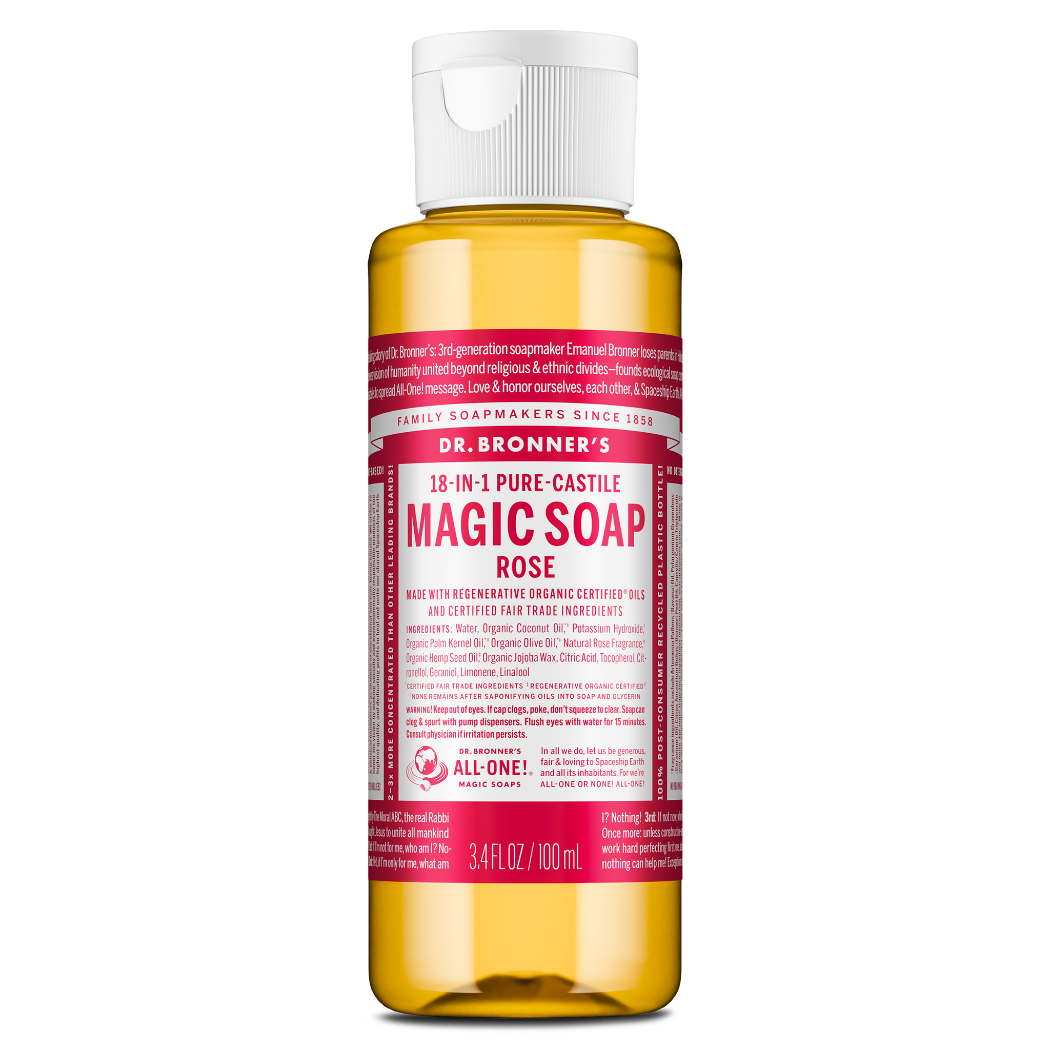 A bottle of Dr. Bronners Magic Soap in rose scent stands upright with a translucent container and pink label displaying text about its organic certification and versatile uses, emphasizing eco friendly benefits [3.4 oz]