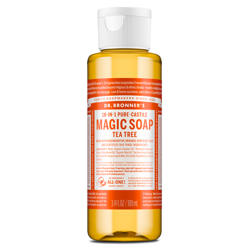A compact 3.4 fl oz bottle of Dr. Bronners 18 in 1 Pure Castile Magic Soap features a white cap and vibrant orange label, highlighting Tea Tree scent with details about its organic certification [3.4 oz]