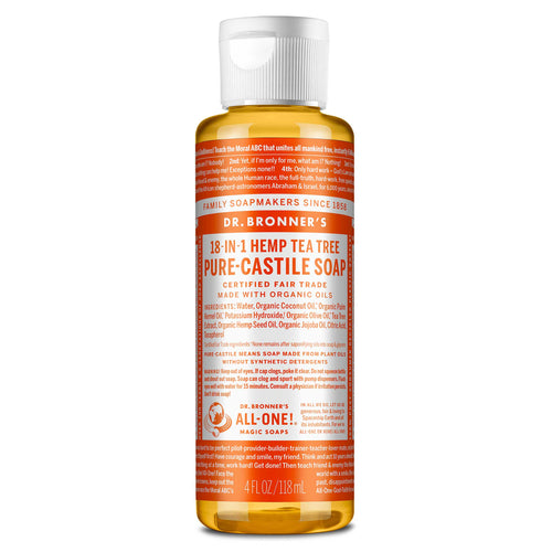 Dr. Bronners 18 in 1 Hemp Tea Tree Pure Castile Soap bottle features orange labeling with text detailing organic ingredients like coconut and olive oils, and the products fair trade certification. Capacity 4 fl oz [4 oz]