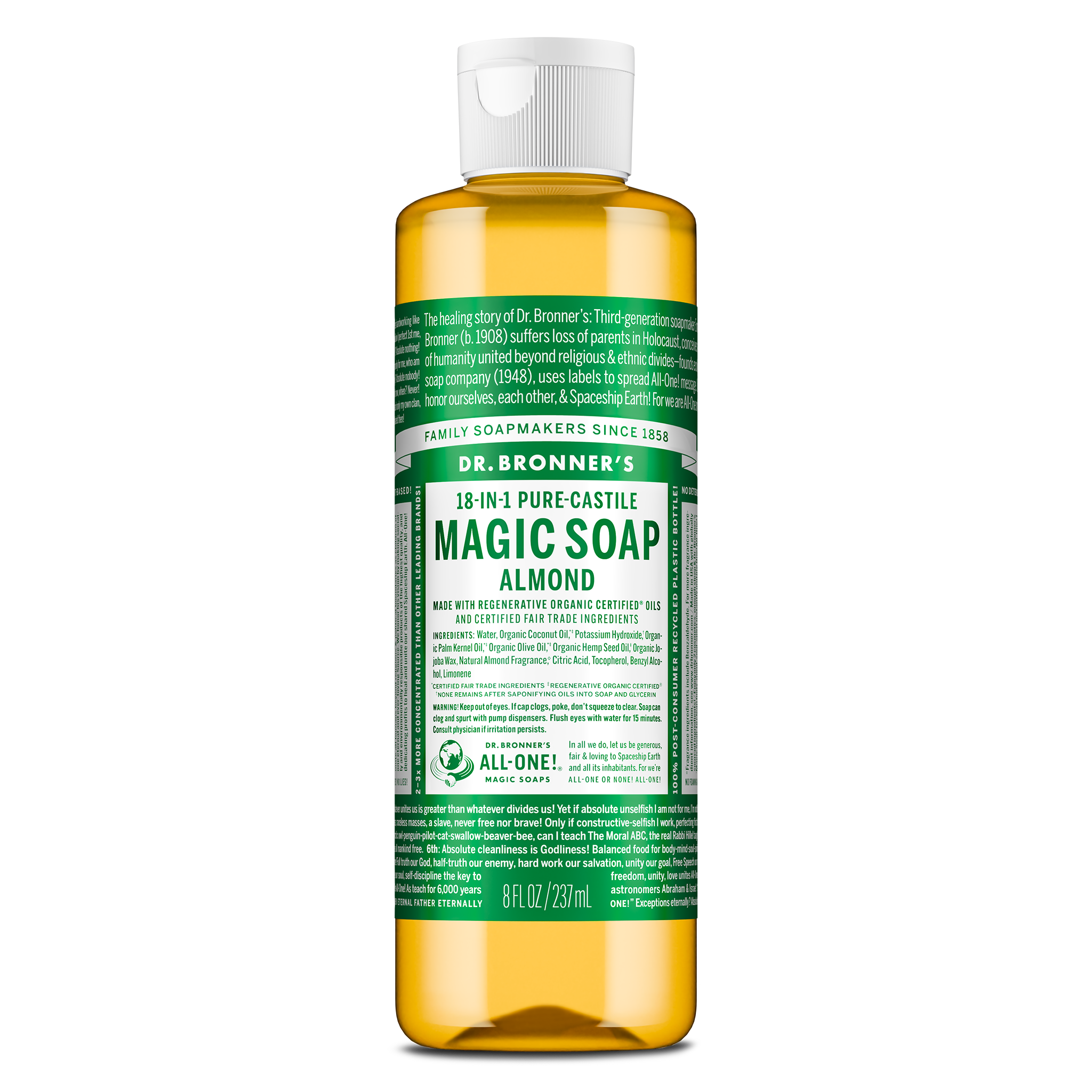 A bottle of Dr. Bronners 18 in 1 Pure Castile Magic Soap in almond scent, featuring a green label with detailed text and organic certification, against a plain background [8 oz]