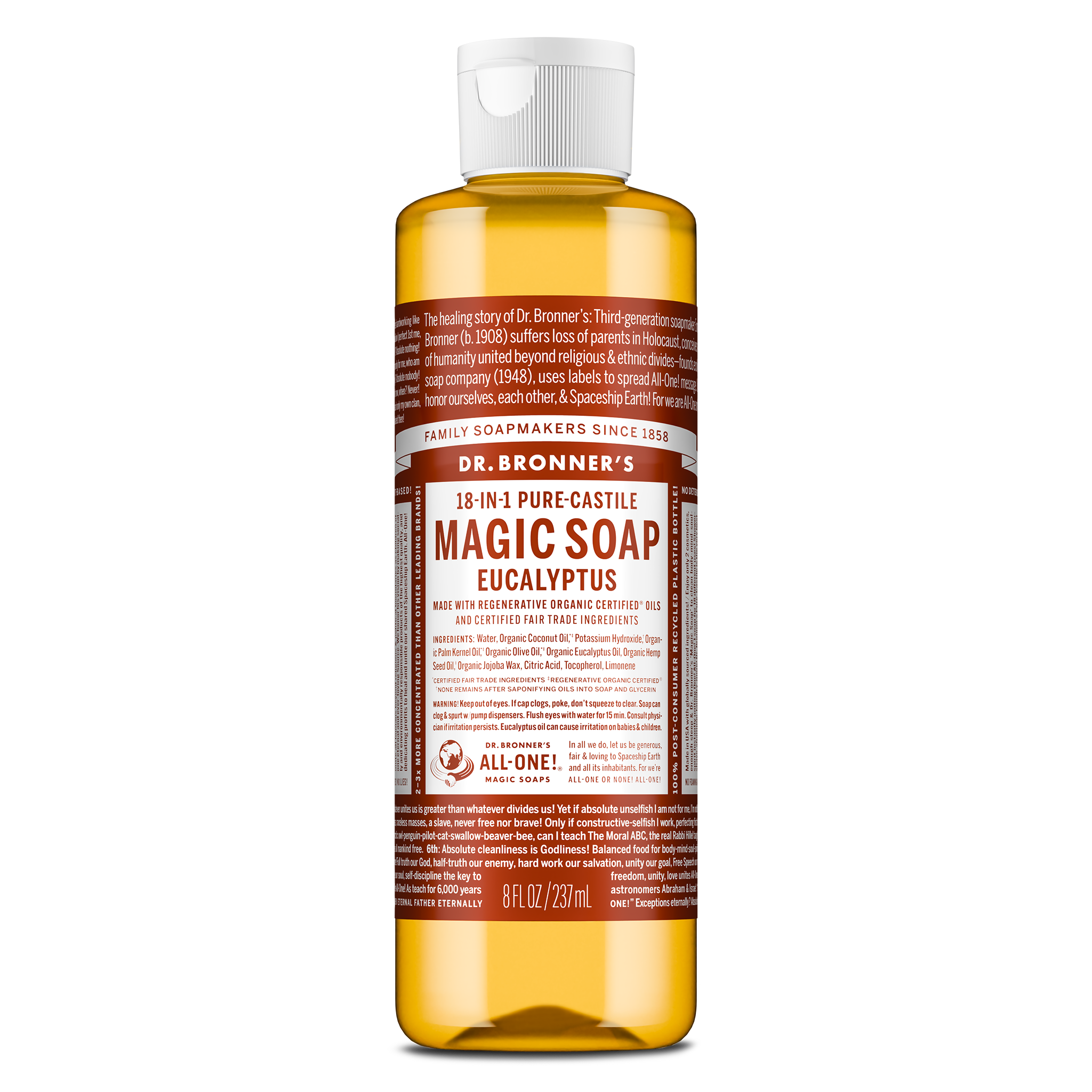 A bottle of Dr. Bronners 18 in 1 Pure Castile Magic Soap in eucalyptus scent stands upright. Its brown and white label details its uses and organic certification. Capacity 8 fl oz237 ml [8 oz]