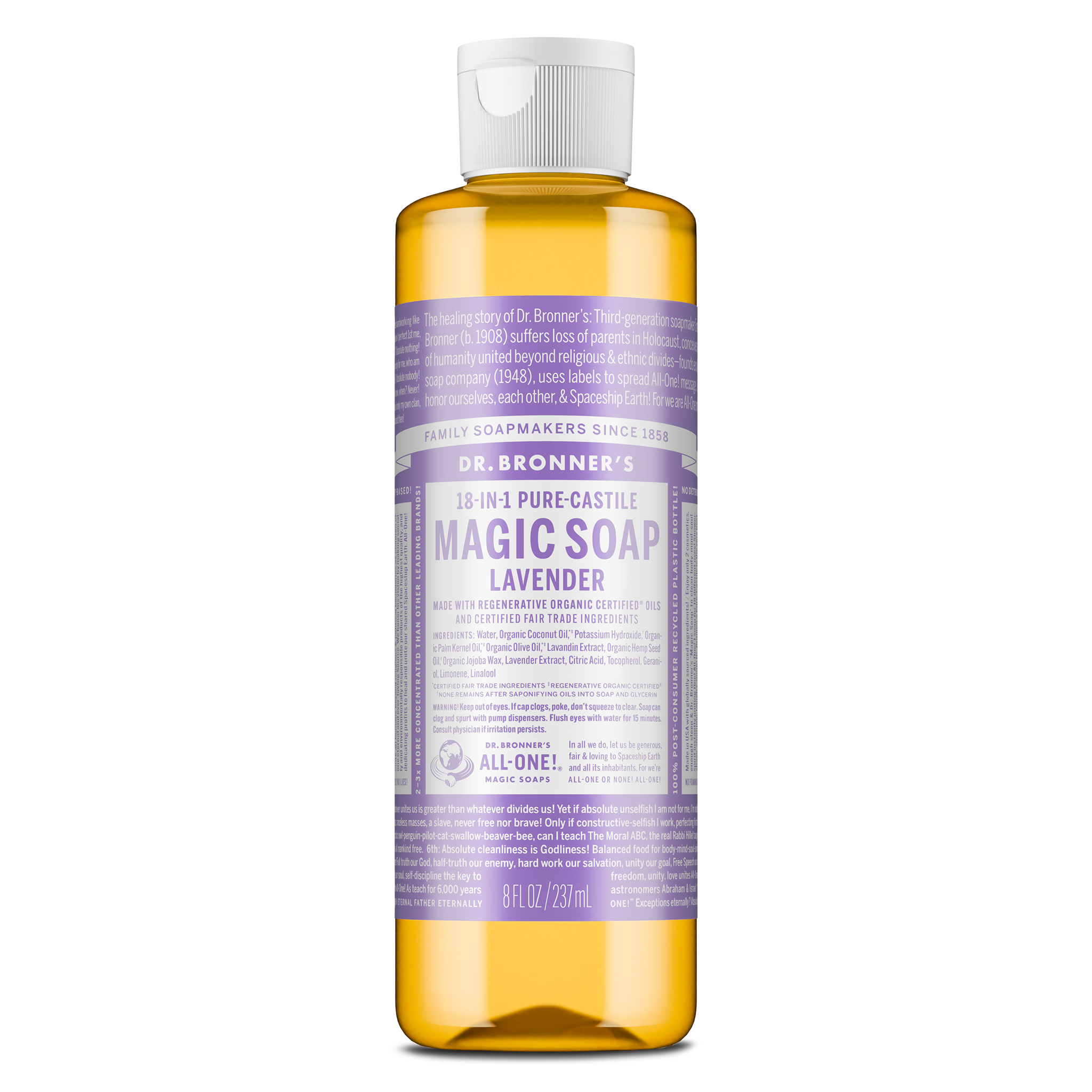 A bottle of Dr. Bronners 18 in 1 Pure Castile Magic Soap Lavender is seen standing upright. Its label features extensive text detailing ingredients and uses against a plain background [8 oz]