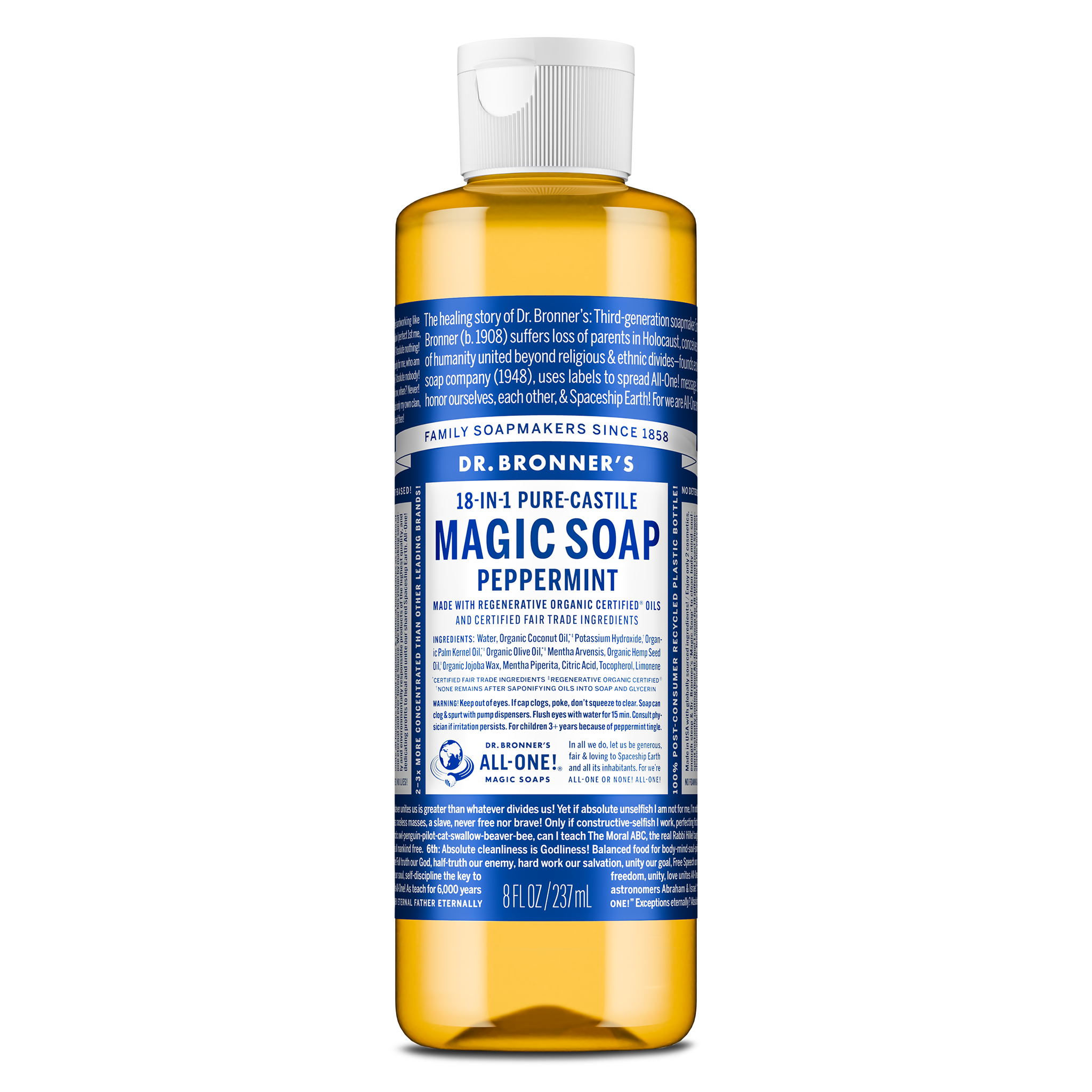 A bottle of Dr. Bronners Pure Castile Peppermint Soap stands upright. The blue label includes comprehensive text detailing ingredients and uses, emphasizing its organic, vegan, eco friendly, and biodegradable qualities [8 oz]