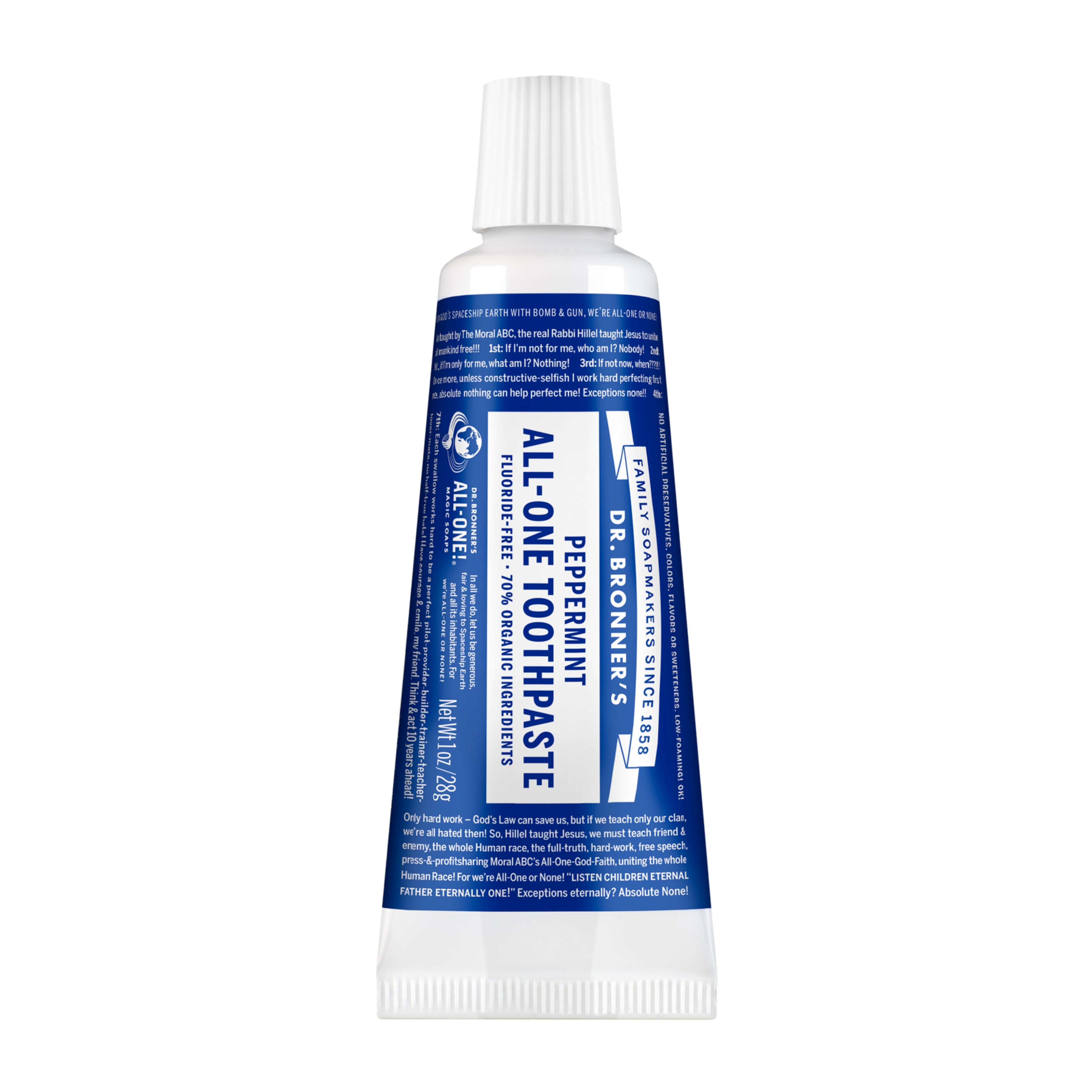 A blue and white tube labeled Dr. Bronners All One Toothpaste stands upright. The design includes text detailing ingredients and benefits, reflecting an eco friendly, vegan, and fluoride free formulation in personal care packaging [1 oz]